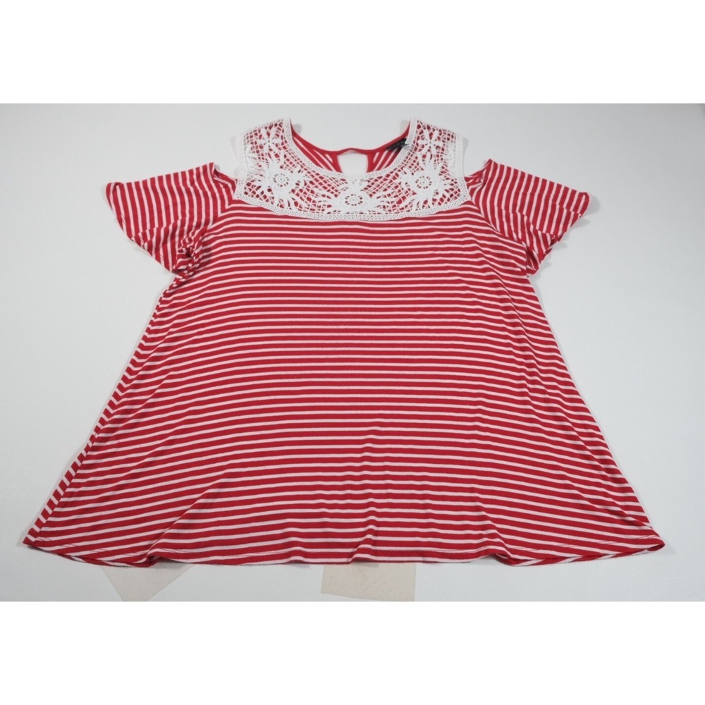B.L.E.U. Top Womens XL Red Striped Crochet Lace‎ Cold Shoulder Short Sleeve